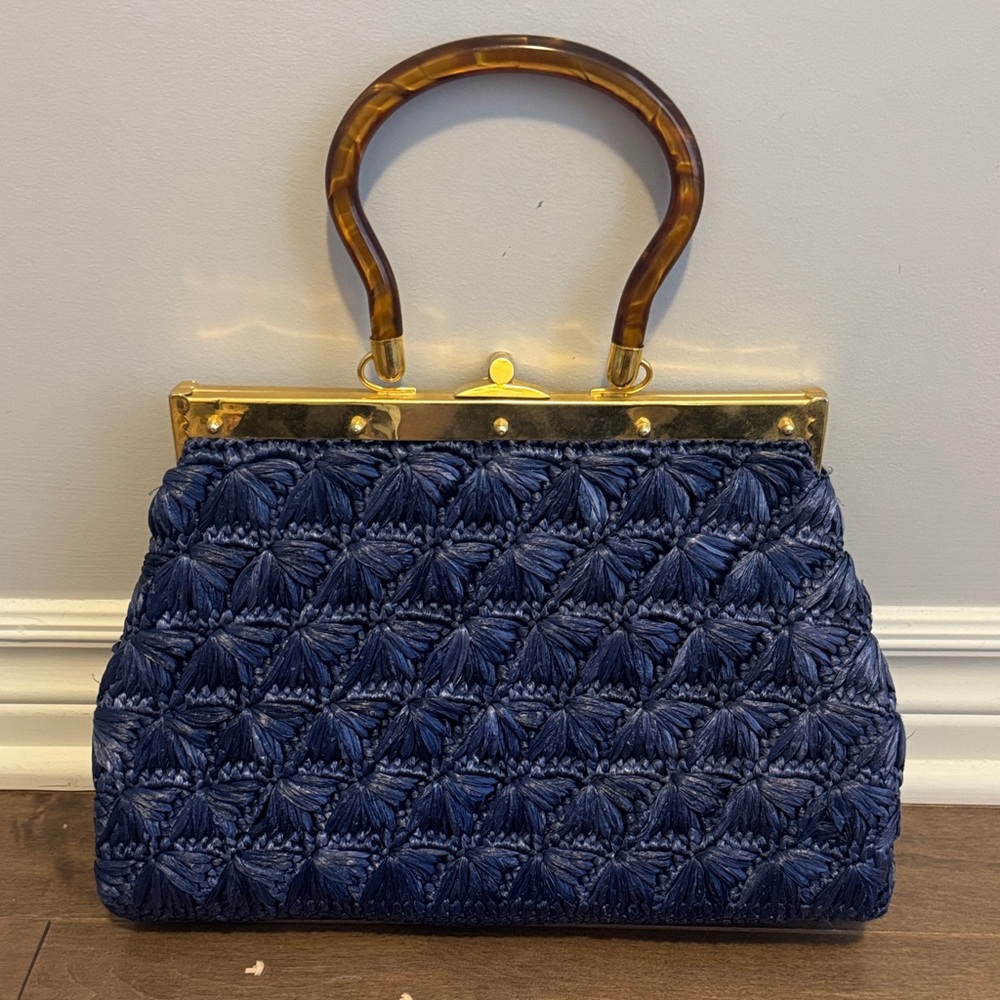 Vintage Straw Elegant Navy Blue Handbag with Gold Accents